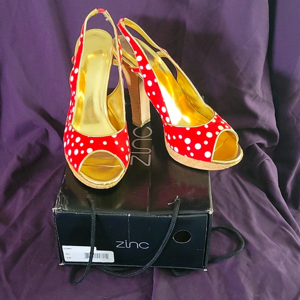 Zinc Red, White and Gold Heels - Size 10